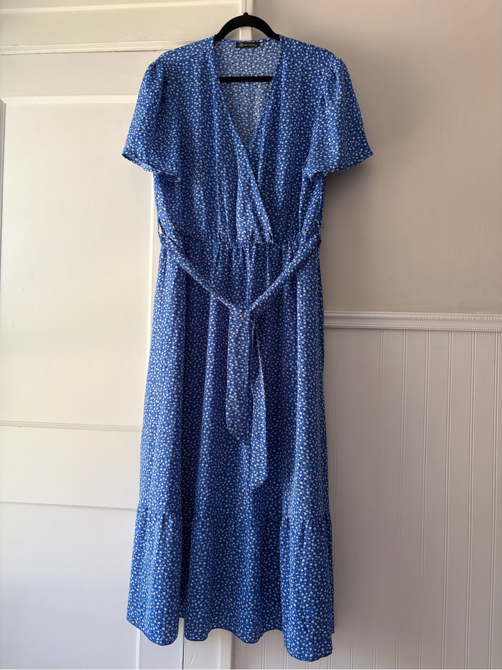 Blue Floral Wrap Midi Dress with Tie Waist